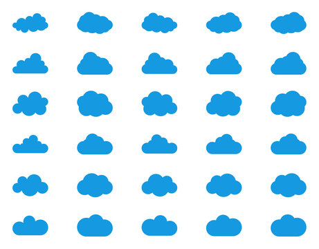 Cloud vector icon set Blue color on white background. Sky flat illustration collection for web, art and app design. Different nature cloudscape weather symbols.