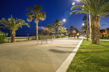 City seafront promenade at night in Cyprus, Mediterranean Sea