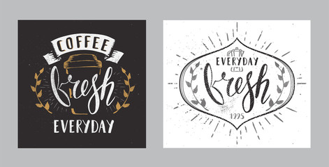 Set of Coffee Cafe Fresh Everyday Sign Fictitious name Template Hand Drawn Calligraphy Pen Brush Vector