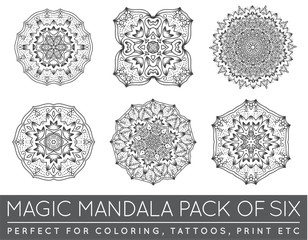 Set of Ethnic Fractal Mandala Vector Meditation Tattoo looks like Snowflake or Maya Aztec Pattern or Flower too Isolated on White