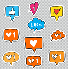 Patch Badges with Social Network Elements. Vector illustration isolated on transparent background. Set Pack of stickers, pins, patches in cartoon 80's - 90's comic style.