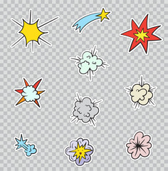 Patch Badges with Explosions. Vector illustration isolated on transparent background. Set Pack of stickers, pins, patches in cartoon 80's - 90's comic style.