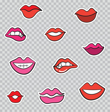 Patch Badges with Lips and Mouths. Vector illustration isolated on transparent background. Set Pack of stickers, pins, patches in cartoon 80's - 90's comic style.