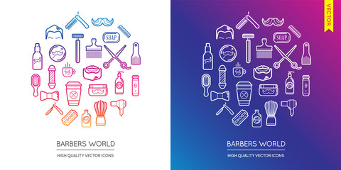 Vector Set of Barber Shop Modern Flat Thin Icons Inscribed in Round Shape