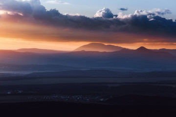 Obraz premium Silhouettes of the mountain hills at sunset in Ural, Russia