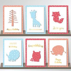 Fototapeta na wymiar Blue pink collection for banners,Placards with tree,giraffe,fox,lion,bear and elephant