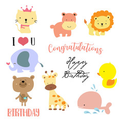 Cartoon icon collection with whale,bear,cat,hippopotamus,lion and duck