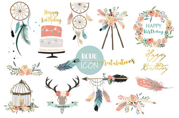 Cartoon icon collection with wreath,feather,flower,cage,wild and arrow - obrazy, fototapety, plakaty