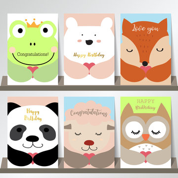 Colorful collection for banners,Placards with frog,bear,fox,panda,sheep and owl