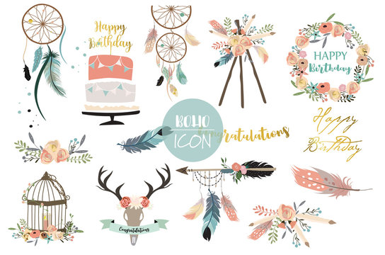 Cartoon icon collection with wreath,feather,flower,cage,wild and arrow