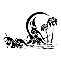 Fototapeta na wymiar waves sailboat moon silhouette