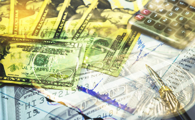 Double exposure of stock graph background with symbol of dollar banknote