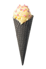 black cone, waffle cup with ice cream decorated sweet hearts is isolated on white background, close up