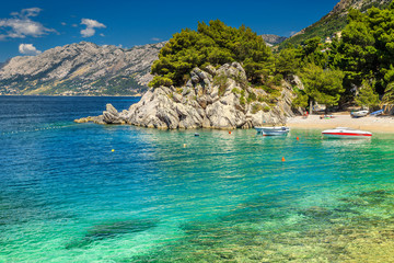 Spectacular bay and beach with motorboats, Brela, Dalmatia region, Croatia