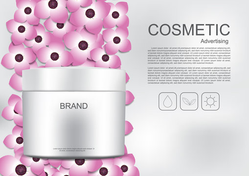 Cosmetic cream with template and pink flowers
