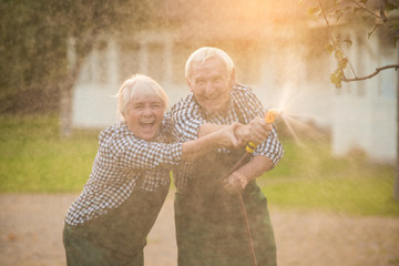 Old couple with garden hose. Cheerful woman and man outdoors.