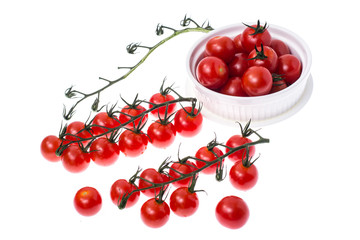 Branch of red ripe cherry tomatoes with water drops