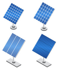 Set of solar panels in isometric projection. Renewable energy source. Eco friendly power technology. Vector illustration.