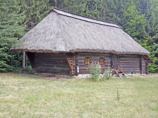 Fototapeta na wymiar An old wooden house under thatched roof. Museum of Pirogovo. Kiev.