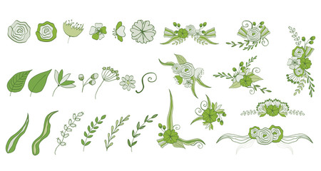 Set of doodle floral elements: flowers, leaves, berries, bouquets and compositions. Vector illustration.