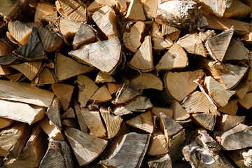 Pile of birch firewood on a summer day