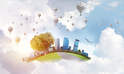 Fototapeta na wymiar Concept of eco green life as elegant business center on white clouds