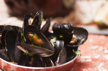 Boiled mussels in a cooking dish on wooden background close up