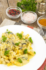 Pasta with creamy cheese sauce and mushrooms on wooden backgroun