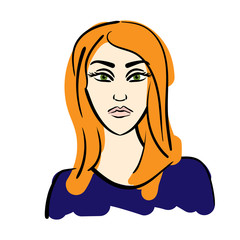 Cartoon vector sketch of a face of a woman with long red hair and green eyes, wearing dark blue sweater, isolated on white background