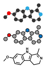 Harmaline indole alkaloid molecule. Found in Syrian rue (Peganum harmala).