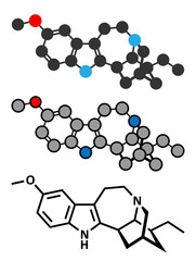 Ibogaine alkaloid molecule, found in Tabernanthe iboga.
