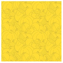 Seamless fruits and vegetable background. Black outline watermelon, cucumber, apple, tomato, lemon, onion, pumpkin, orange stock vector illustration on yellow
