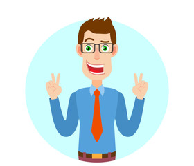 Businessman showing victory hand sign or quotes hand sign