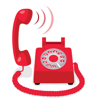 Red stationary phone with rotary dial and raised handset