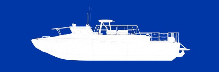 3d rendering of a ship on a blue background blueprint