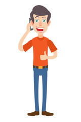 Man talking on mobile phone and showing thumb up