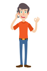 Man talking on mobile phone and showing a okay hand sign