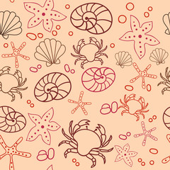 Seamless marine pattern. Sea, crab, starfish, shells. The underwater world. Vector illustration. Marine background. Children backdrop.