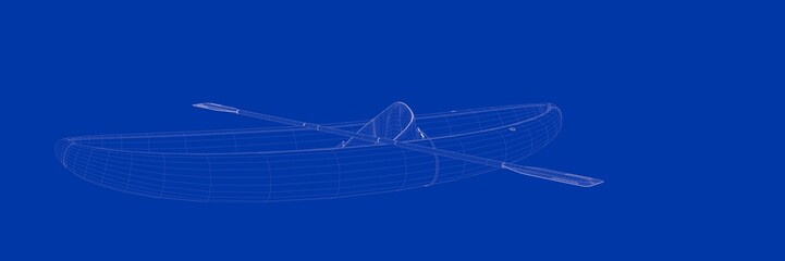 3d rendering of a small boat on a blue background blueprint