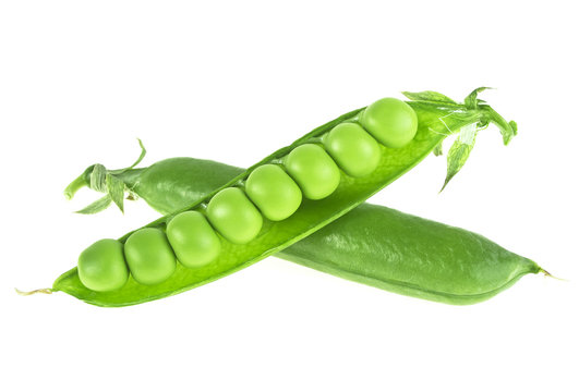 Pods of green peas isolated on a white background
