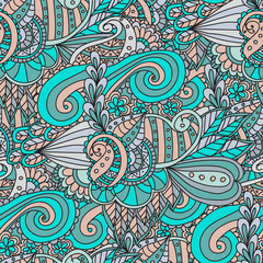 Bright fashionable seamless pattern is perfect for textilefor wallpaper,pattern fills, web page background.Colorful decorative seamless hand drawn doodle nature ornamental curl vector sketchy pattern