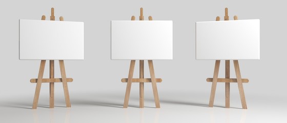Wooden Brown Sienna Easel with Mock Up Empty Blank Canvas Isolated on Background 3d rendering - obrazy, fototapety, plakaty