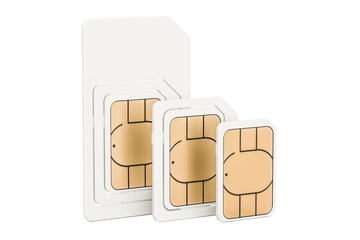 Set of sim cards mini, micro, nano, 3D rendering