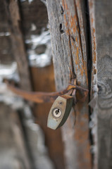 Old rusty padlock on gate