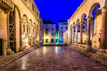 Peristil square night. / Night view at famous square Peristil in city center of town Split, popular...