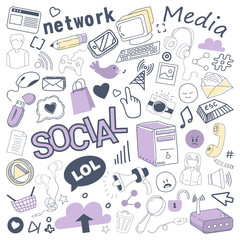 Social Media Hand Drawn Doodle with Bubble, Network Elements and Computer. Communication Technologies Freehand Set. Vector illustration
