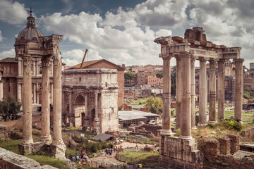 Fototapeta na wymiar Panorama of Roman Forum, Rome, Italy. View of Ancient ruins in city center.