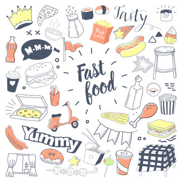 Fast Food Hand Drawn Doodle with Burger, Snacks and Drinks. Unhealthy Food Freehand Elements Set. Vector illustration