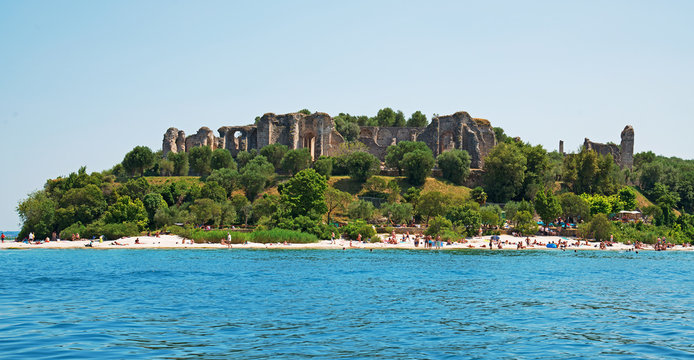 Sirmione, Lake Garda. Italy. view on ruins of Grotto of Catullus,Roman private edifice, June 19, 2017