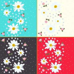 Fototapeta na wymiar Set of beautiful floral patterns with daisies, roses and forget me not flowers. Vector template.